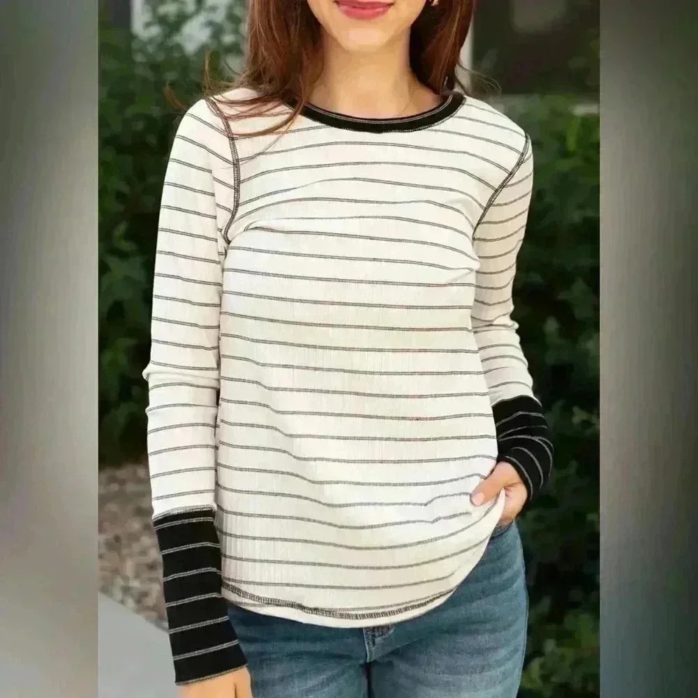 Ces Femme White with Black Stripe Long Sleeve Henley Shirt Top Size Small.
